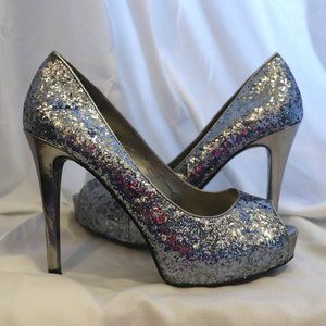 Women's Guess Peep Toe Silver Sequin Heels (8)